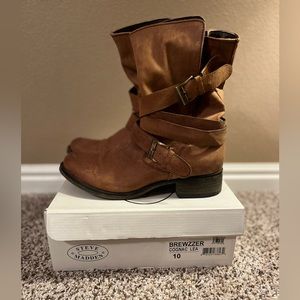 Steve Madden Brewzzer Cognac Leather Belted Mid-Calf Boots Sz 10M